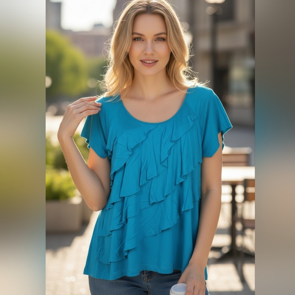EUC AGB Blue Ruffle Front Top XL Asymmetrical Tiered Sleeveless Scoop Neck USA!